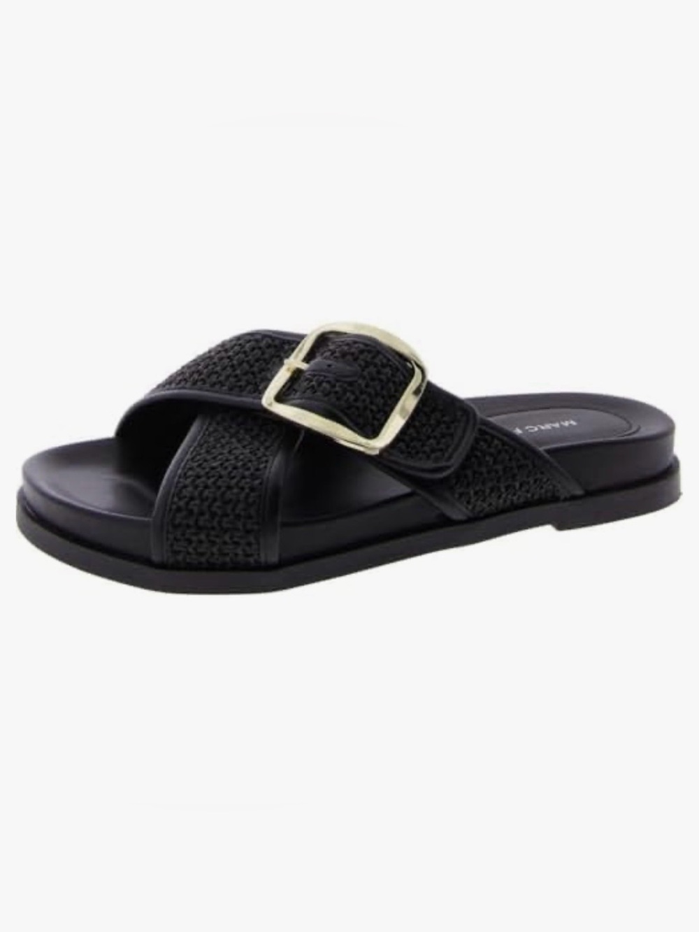 Marc Fisher Hazaia Black Woven Slide Sandal with Gold Buckle new in box size 5.5